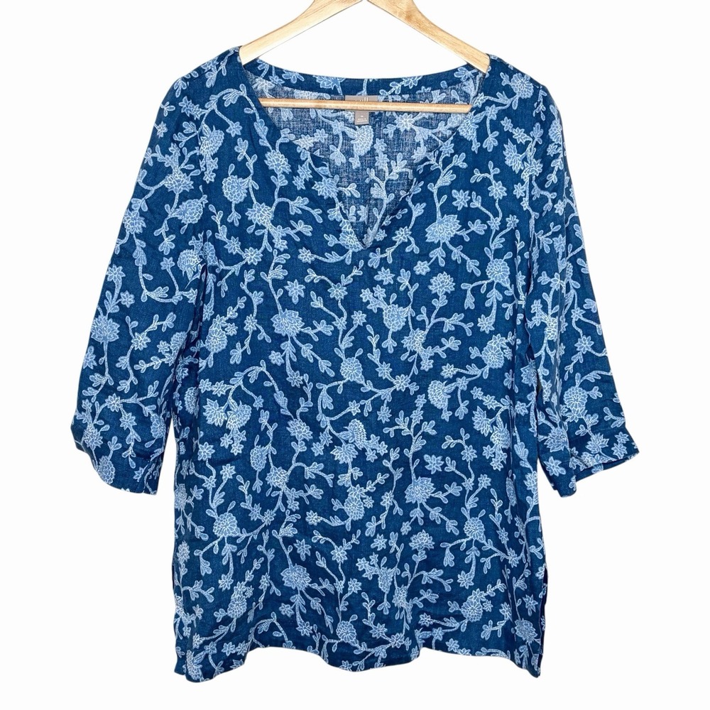 J Jill Floral Linen Top Blue Womens Size M Coastal Resort Boho Beach Nautical